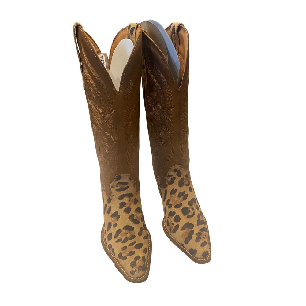 Dingo Leopard Print Western Cowboy Boots Tan Brown Pointed Toe DI7383 - Picture 2 of 9